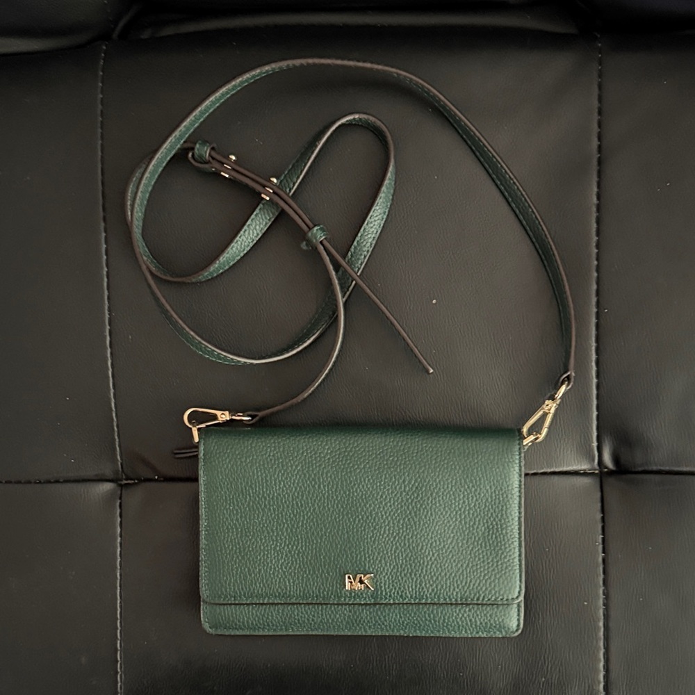 Michael Kors Forest Green Pebbled Leather Crossbody Bag with Gold Hardware